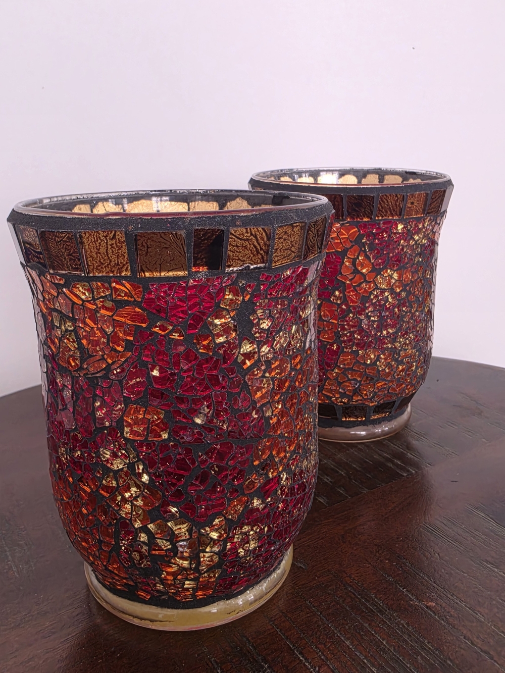 VINTAGE Decorative Mosaic Glass Candle Holders - Red + Amber Mosaic (Set of 2)